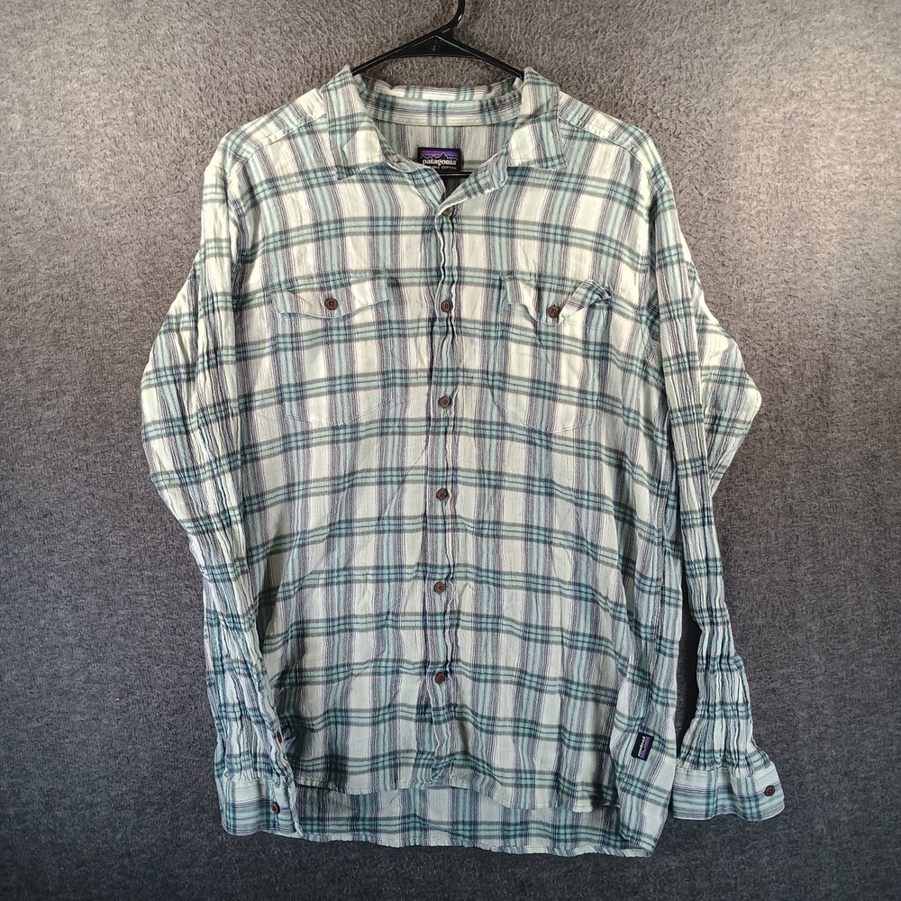 Patagonia Long Sleeved Flannel Men L Plaid Organic Cotton Greens And Blues - Picture 1 of 11